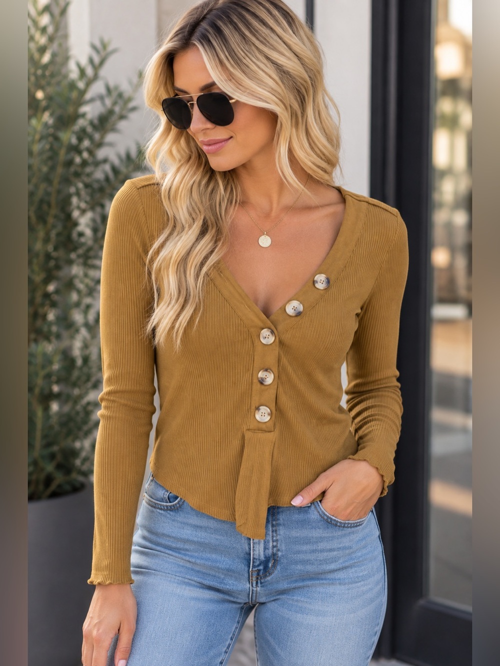 O'Neill Ribbed Asymmetric Button V-Neck Long Sleeve Top - Mustard